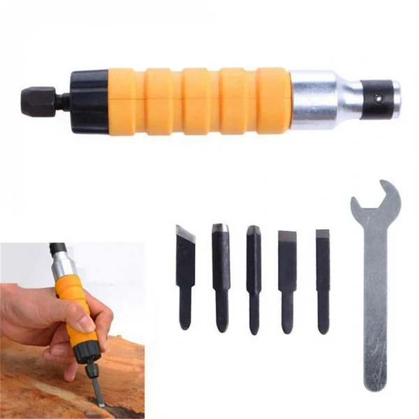 Optimized Maxbell Easy And Convenient Wood Chisel Carving Tool Chuck Attachment For Electric Drill Flexible Shaft - Pack of 7 Pieces with 5 Blades and 1 Spanner First-Class