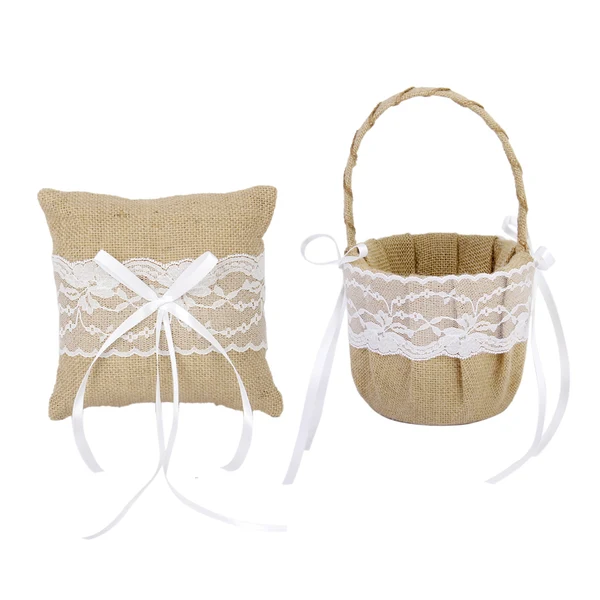 Specialty Maxbell Rustic Wedding Ceremony Burlap Lace Flower Basket Ring Bearer Pillow Decoration High-Performance