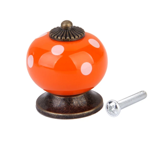 High-End Maxbell Ceramic White Dot Charms Home Kitchen Door Drawer Cupboard Wardrobe Pull Handle Knob Orange with Mounting Screw Unique