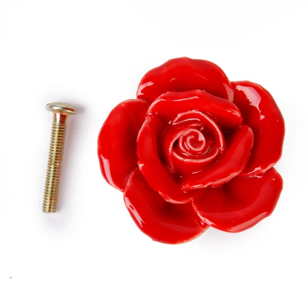 Classic Maxbell Set of 2PCS Red Rose Flower Ceramic Kitchen Cabinet Cupboard Handles Pull Knob with 2 Mounting Screws Natural