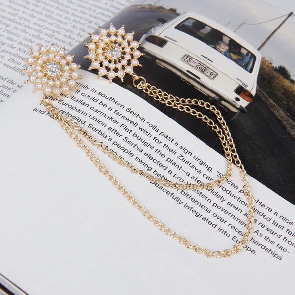 Safe Maxbell Ladies Fashionable Beads Flower Golden Alloy Round Collar Neck Brooch Pin Chain Tassels Pack of 2PCS Practical