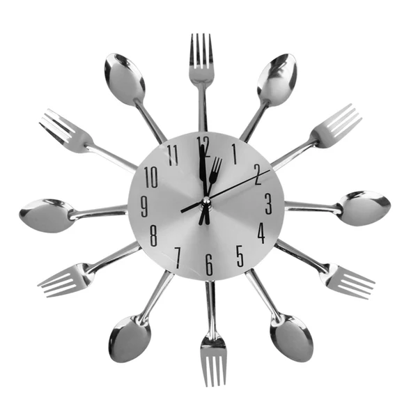 Prestigious Maxbell Modern Unique Aluminum Spoon Fork Clock Cutlery Kitchen Wall Clock Silver Smooth