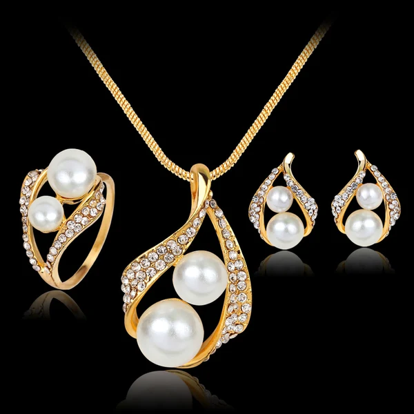 Superior Maxbell Rhinestone White Pearls Necklace Earrings Ring Gift Jewelry Set for Wedding Bridal Selected