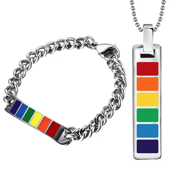 Top-Quality Gay Pride-LGBT Rainbow Bracelet Stainless Steel Rainbow Chain Necklace Set Verified