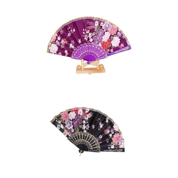 Trendy Maxbell 2 Pieces Folding Flower Painting Hand Held Fan Dance Fan for Wedding Decor Gift Casual