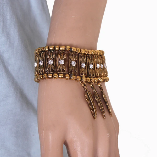 Original Maxbell Bohemian Jewelry Women's Crystal Wide Stretch Bracelet With Feather Charms Antique Gold Efficient