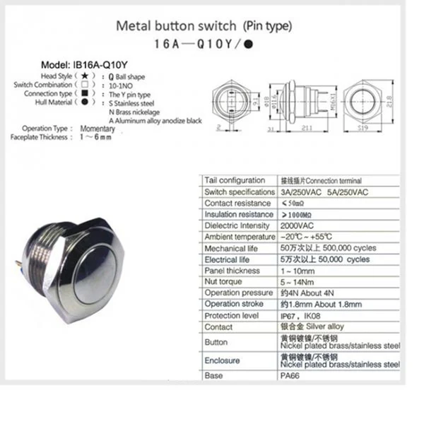 Soft Maxbell 16mm Round Waterproof Momentary Type Stainless Steel Metal Push Button Switch 250V 3A 1NO SPST Safe