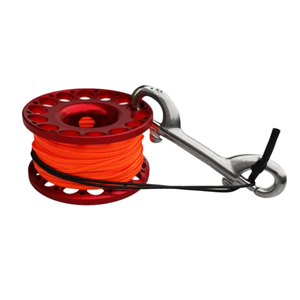 Genuine Maxbell Ultralight Red Aluminum Alloy Scuba Diving Reel Spool w 30m Line Stainless Steel Dual End Bolt Snap Clip - Compact Portable High-Grade