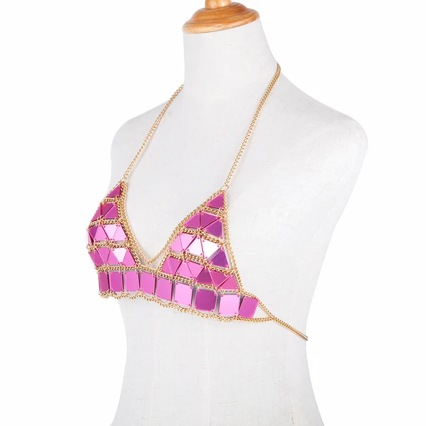 Fast Maxbell Triangle Sequin Halter Bra Chain Women Summer Bikini Rose Red Chest Chain Modern