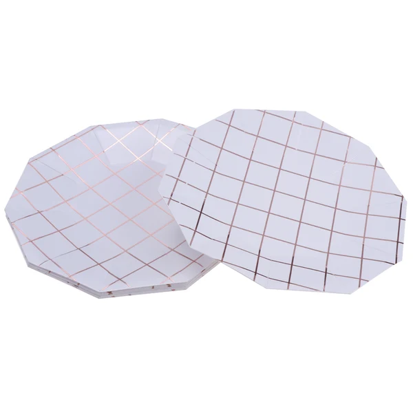 Minimalist Maxbell 8 Pieces Disposable Foil Rose Gold Grid 18cm Paper Plates Luxury