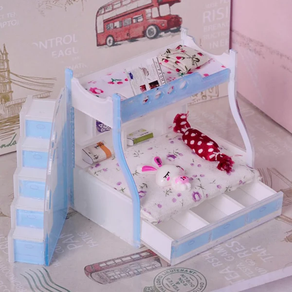 Practical Maxbell 1 12 Dollhouse Miniature Children Bedroom Furniture Bunk Bed Double Bunk with Accessories Sky Blue Color Powerful