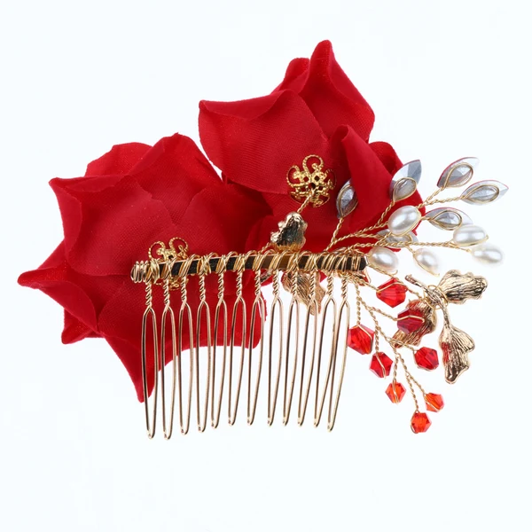 Detailed Maxbell Wedding Bridal Pearl Hair Comb Red Rose Crystal Headpiece Hair Accessory 10 x 9cm Trusted