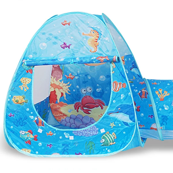 High-Grade Maxbell 3-in-1 Kids Playhouse with Pop Up Tent Tunnel and Basketball Pit for Indoor Outdoor Play - Blue Sea A Long-Lasting