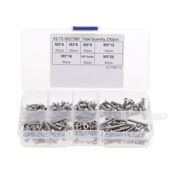 High-Performance Maxbell 230 Pieces M3 Stainless Steel Button Head Hex Socket Screw Hex Nuts Kit with Plastic Box Top-Quality