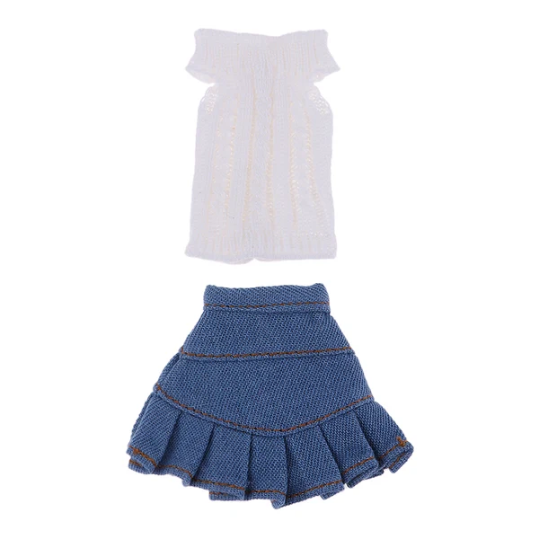 Natural Maxbell Stylish 2pcs Clothes Suit for 1 6 Blythe Licca OB Girl Our Generation My Life Dolls Knit Sweater Denim Skirt White Blue Premium