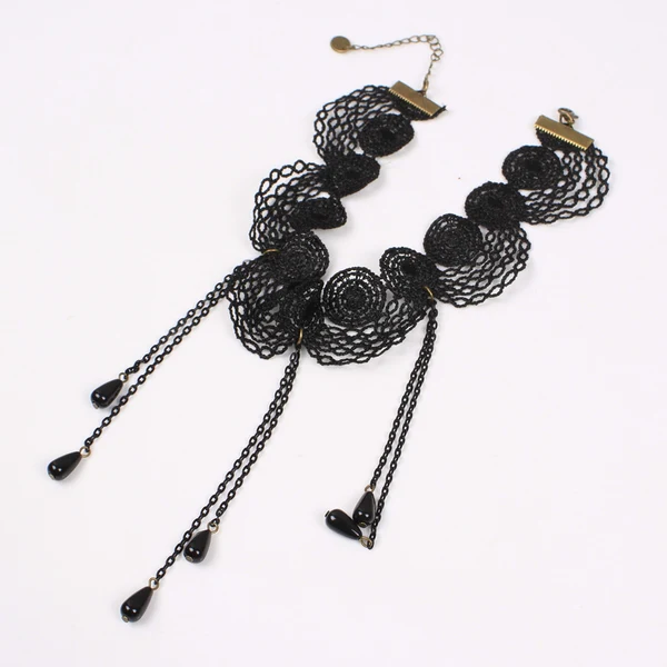 Luxury Maxbell Vintage Black Lace Weaving Fringe Charm Beads Pendant Choker Necklace Refined