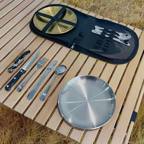 Luxury Maxbell 10 Pieces Picnic Family Cutlery Set with Travel Case for Barbecue Hiking Black High-Quality
