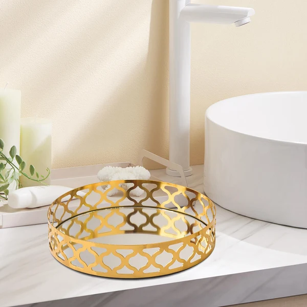 World-Class Maxbell Round Golden Metal Mirrored Serving Tray Holder Ornate Tray L 30x5cm Authentic