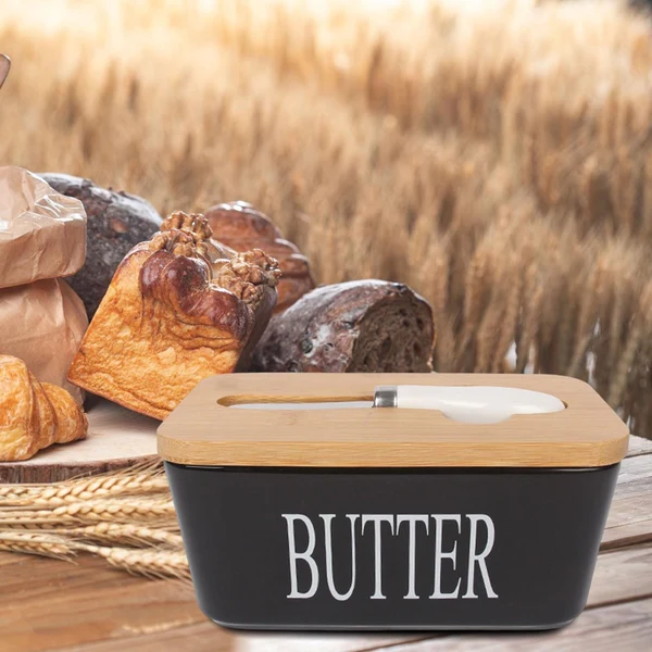 High-End Maxbell Ceramic Butter Dish Food Storage Preservation Case for Kitchen Serving black Relaxed
