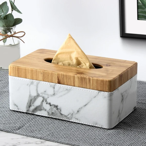 High-Grade Maxbell Rectangular Wooden Tissue Box Cover Facial Tissue Holder Case for Restaurant Marbling Certified