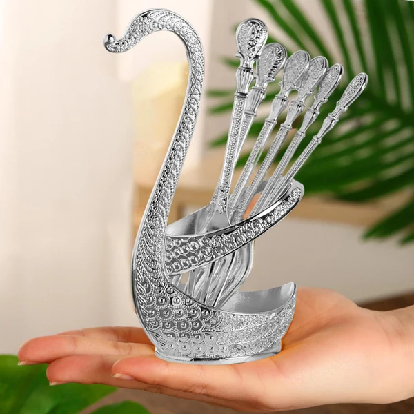 Classic Maxbell Decorative Swan Base Holder with Dessert Forks Fruit Fork Zinc Alloy Silver Certified