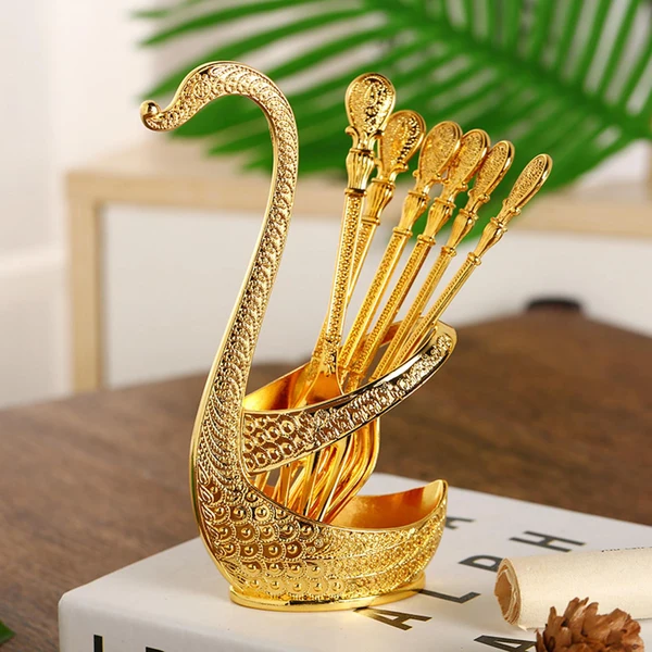 Powerful Maxbell Decorative Swan Base Holder with Dessert Forks Fruit Fork Zinc Alloy Gold Functional