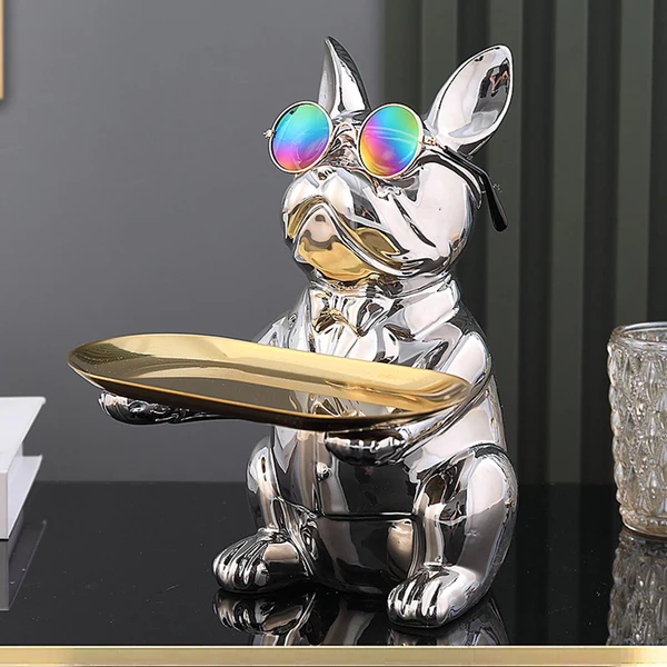 World-Class Maxbell Electroplated Ceramics Dog Figurine Storage Tray with Glasses Silver Verified