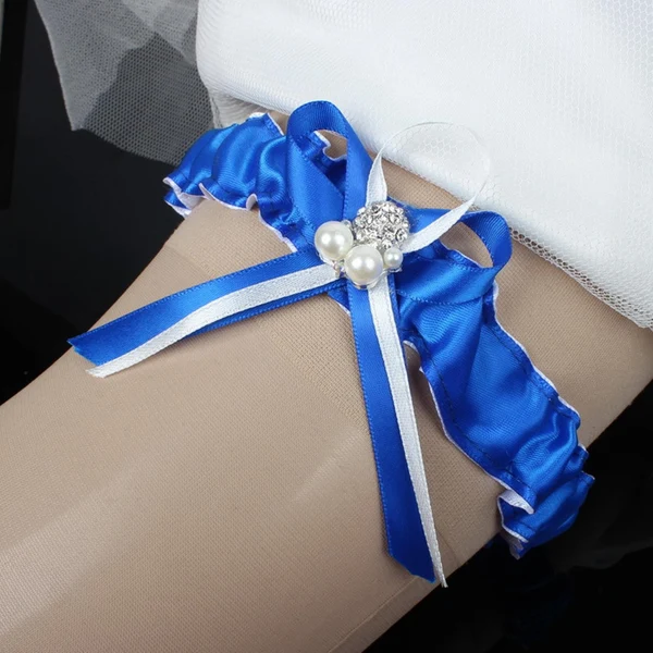 Original Maxbell Wedding Garter Bowknot Faux Pearls Garter Blue for Lady Wedding Parties M Optimized