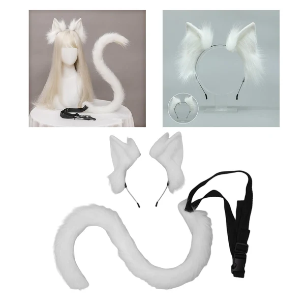 Advanced Maxbell 2Pcs Cat Ears and Tail Set Faux Fur Long Tail for Anime Cosplay Costume Kits White Reliable