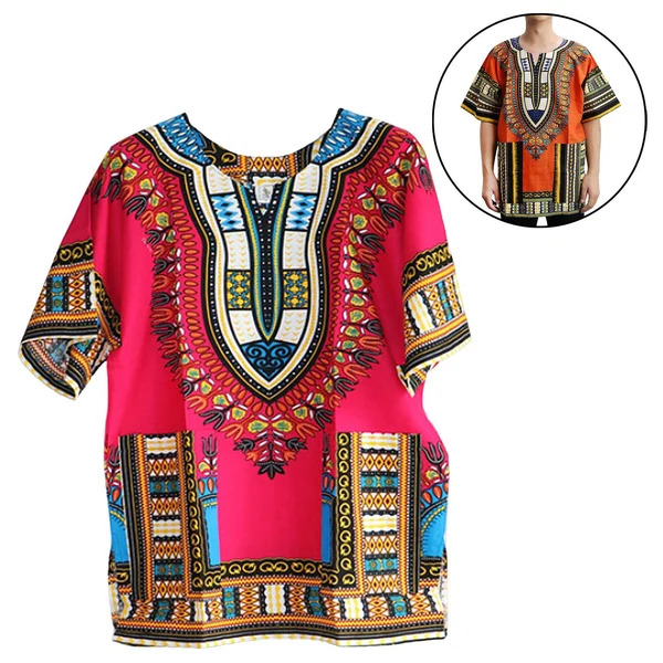 Reliable Maxbell Unisex African Dashiki Shirt V Neck Short Sleeve Comfortable Summer Wear One Size Rose Red Genuine