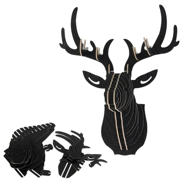 Eco-Friendly Maxbell 3D Wooden Deer Model Wall Hanging Animal Wildlife Head Sculpture -Black High-Grade