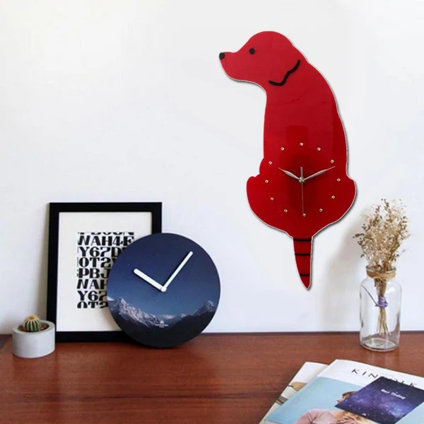 Fashionable 3D Tail Wagging Cat Dog Wall Clock Silence Clock Bedroom Home Decoration Red Dog Selected