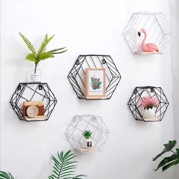 Verified Maxbell Iron Hexagon Wall Shelf Bookshelf Display Rack for Home Decor S Black Grid Enhanced