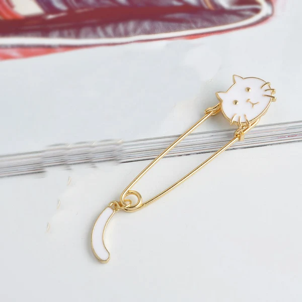 Smooth Maxbell Women Gold Alloy Metal Kilt Pin Animal Cat Brooch Large Safety Pin White Relaxed