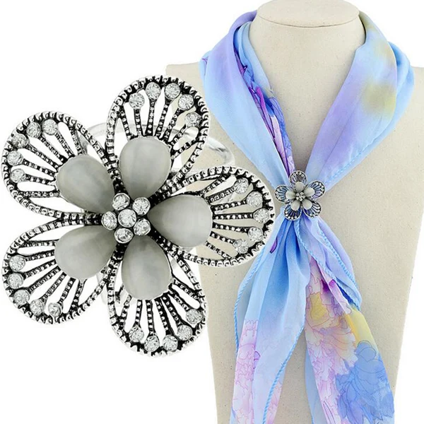 Sophisticated Maxbell Women Vintage Crystal Opal Scarf Ring Flower Silk Scarf Ring Antique Silver Modern
