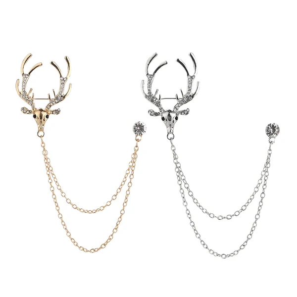 Official Maxbell Deer Head Tips Double Link Chains Tassels Collar Pins Brooch Clip Pin Golden Selected