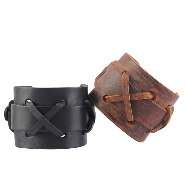Prestigious Maxbell Handmade Leather Wide Cuff Bracelet Cross Punk Biker Men Bangle Black Elite