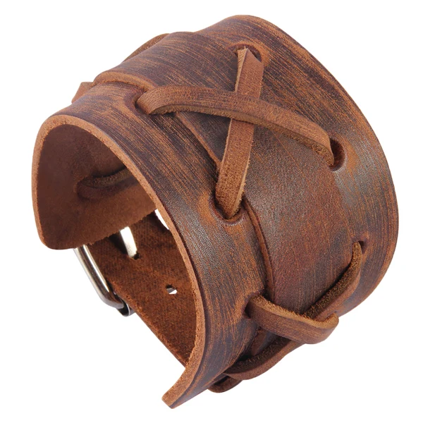 Optimized Maxbell Handmade Leather Wide Cuff Bracelet Cross Punk Biker Men Bangle Brown Soft