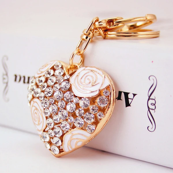 Unique Maxbell Crystal White Rose Heart Charm Keyring Sustainable