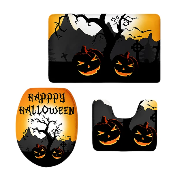 Comfortable Maxbell Non-Slip Halloween Print Bathroom Pedestal Lid Mat Toilet Floor Rug Set 1 Top-Quality