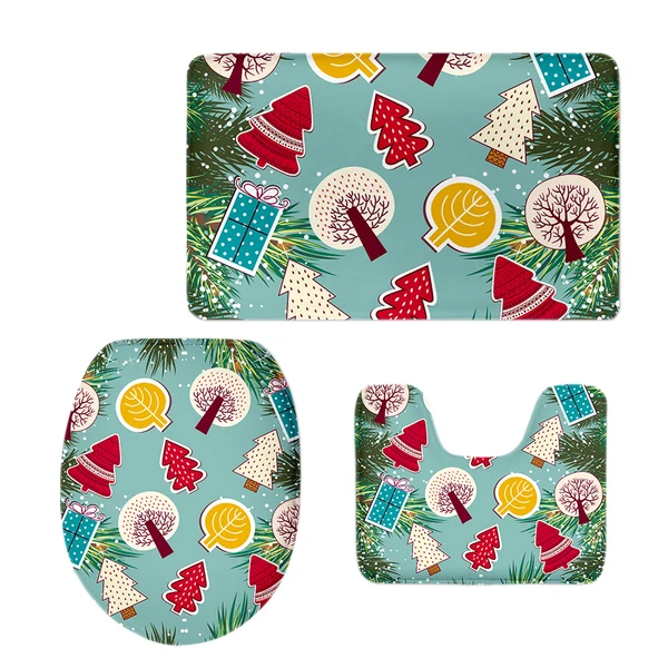 High-Performance Maxbell Non-Slip Bathroom Pedestal Lid Mat Pad Toilet Rug Set Christmas Trees Green