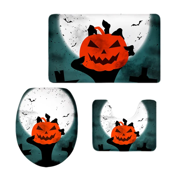 Detailed Maxbell Non-Slip Halloween Print Bathroom Pedestal Lid Mat Toilet Floor Rug Set 6 Lightweight