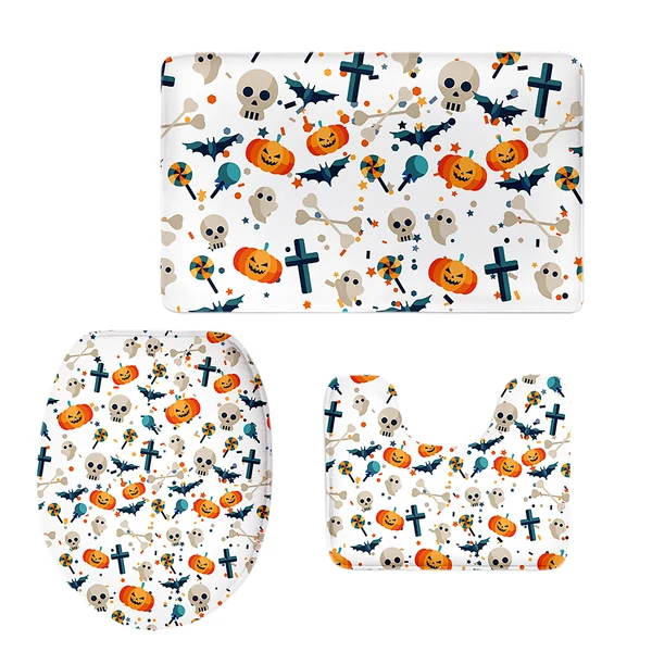 Unique Maxbell Non-Slip Halloween Print Bathroom Pedestal Lid Mat Toilet Floor Rug Set 5 Official