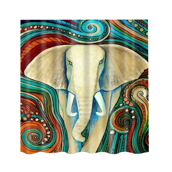 Expertly Made Maxbell Folk Style Bathroom Polyester Shower Curtain with 12 Hooks Set Elephant Optimized
