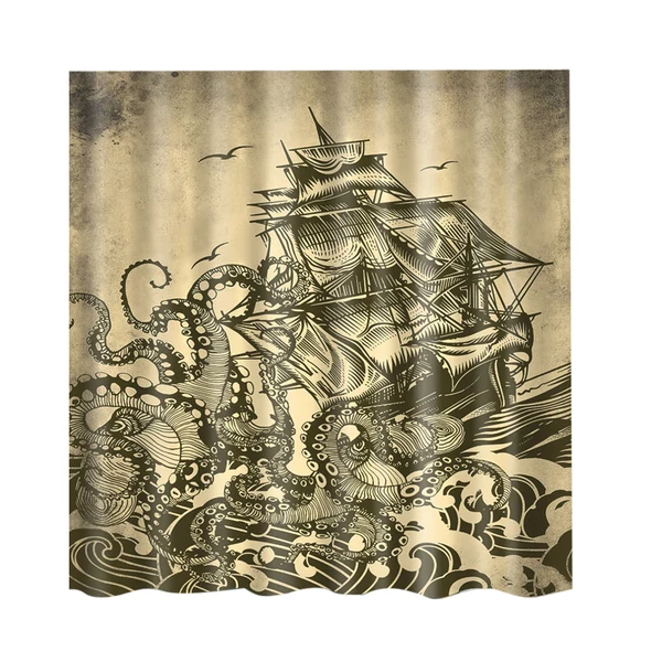 Sustainable Maxbell Folk Style Bathroom Polyester Shower Curtain with 12 Hooks Set Pirate Ship Smooth