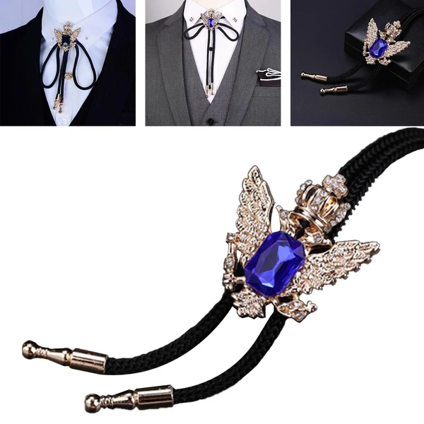 Durable Maxbell Double Head Eagle Rhinestone Bolo Tie Jewelry Unisex Adjustable Size Blue Functional