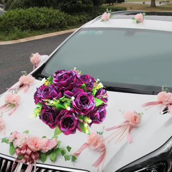 Lightweight Maxbell Flower Bouquet Road Leadership Flower Bunch for Wedding Car Tabletop Decor Purple Selected