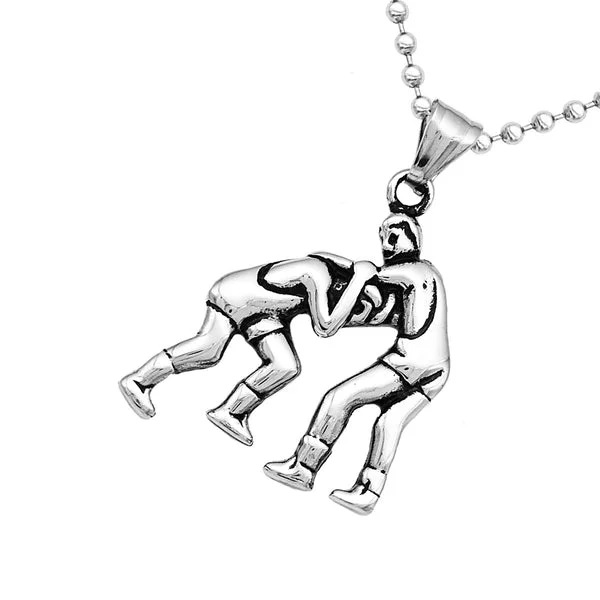 Eco-Friendly Maxbell Mens Stainless Steel Two People Wrestling Athletic Fitness Pendant Chain Fitness Gym Charms Lucky Necklace Prestigious