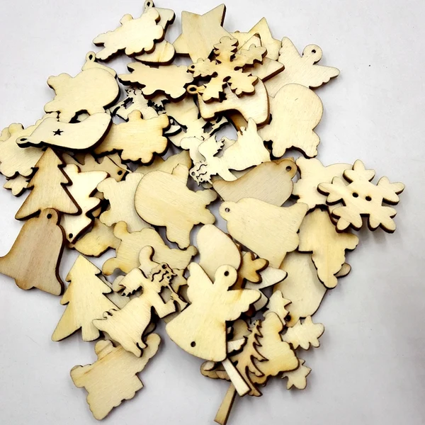 Natural Maxbell 100 Pieces Mixed Wooden Christmas Shape Embellishment Blank Xmas Tree Decoration Minimalist