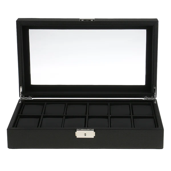 Dependable Maxbell 12 Men Watch Box Black PU Leather Display Glass Top Jewelry Case Organizer Box Specialty